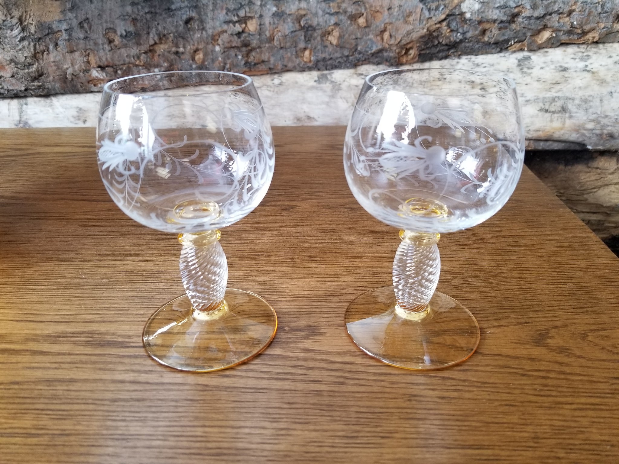 Vintage Theresienthal Etched Crystal Small Wine Cordial Glasses - Pair