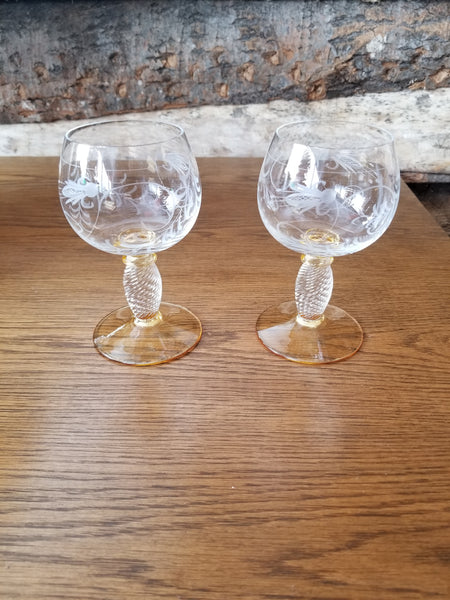 Vintage Theresienthal Etched Crystal Small Wine Cordial Glasses - Pair